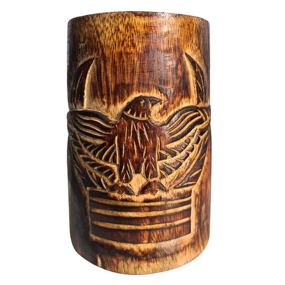 Authentic Retro Rustic Brown Hand Carved Eagle Design Embossed Large Wooden Beer Tankard Mug Food Safe