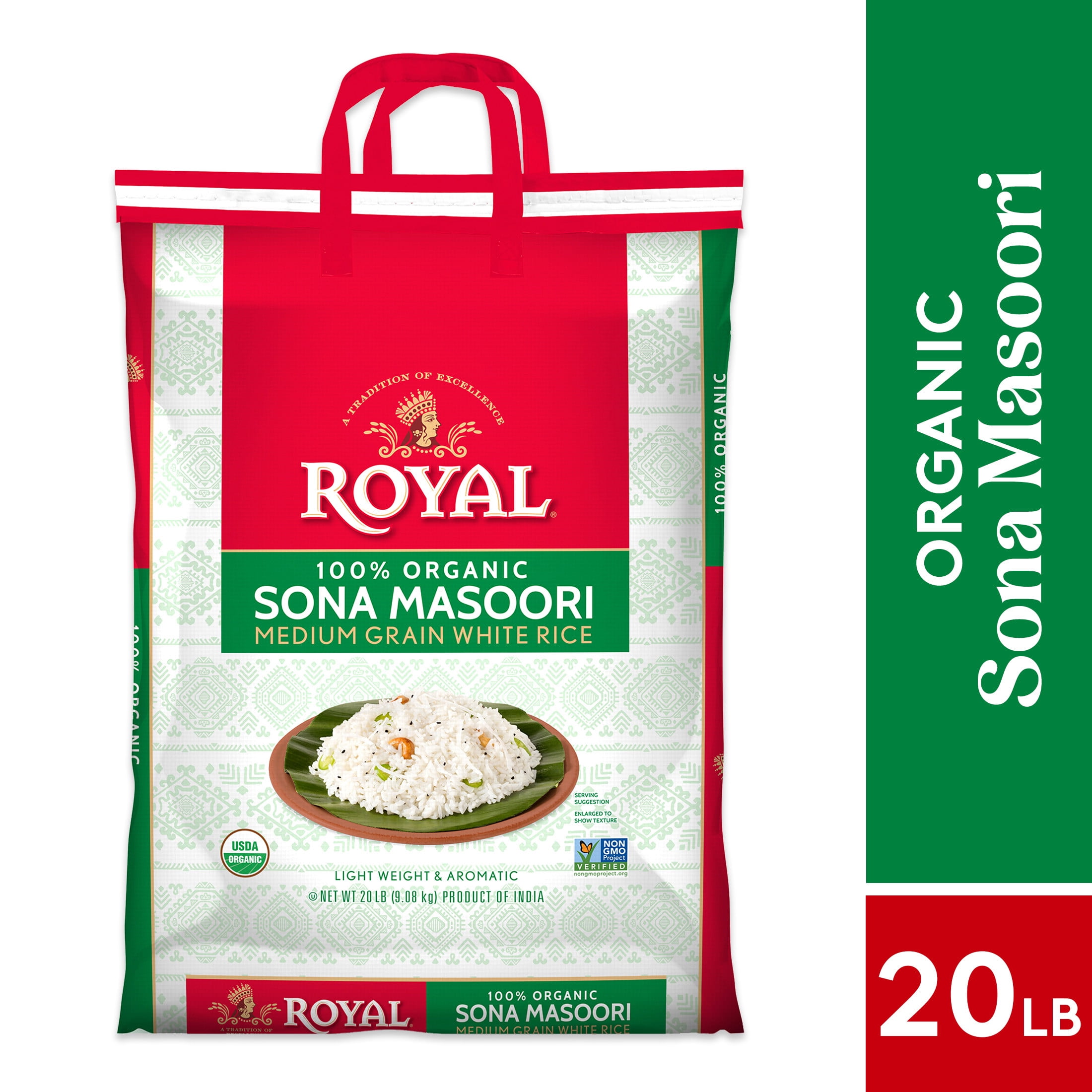Authentic Royal Organic Sona Masoori Medium Grain White Rice, Gluten-free, 20 lbs