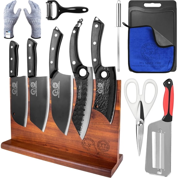 Authentic Since 1986, Knife Block Set, High Carbon Stainless Steel Blades, Knives Set with Holder, Scissors, Sharpening Steel, Washing Cloth, Cutting Board, Gloves, Full Tang Wood Handle