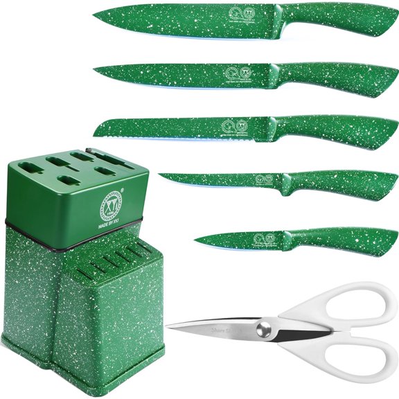 Authentic Since 1986, Knife Block Set, Professional Chef Knives Set With Knife Holder, Green Color Stainless Steel Knife, Meat Cleaver Slicing Cooking Kitchen Knife Kit