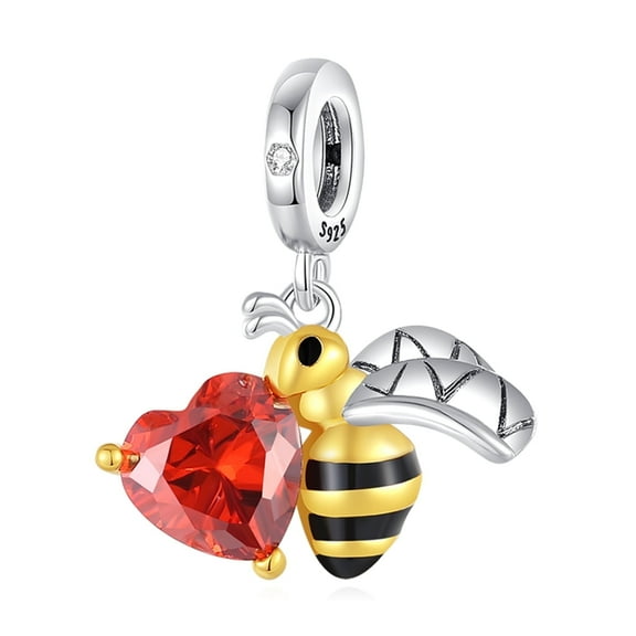 925 Sterling Silver Enamel Bee Red Heart Stone Dangle Charm For Bracelets
