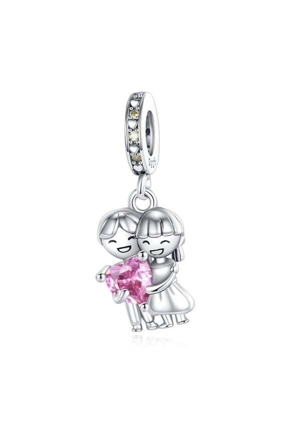 925 Sterling Silver Loved Couples Pink Heart Dangle Charm For Bracelets