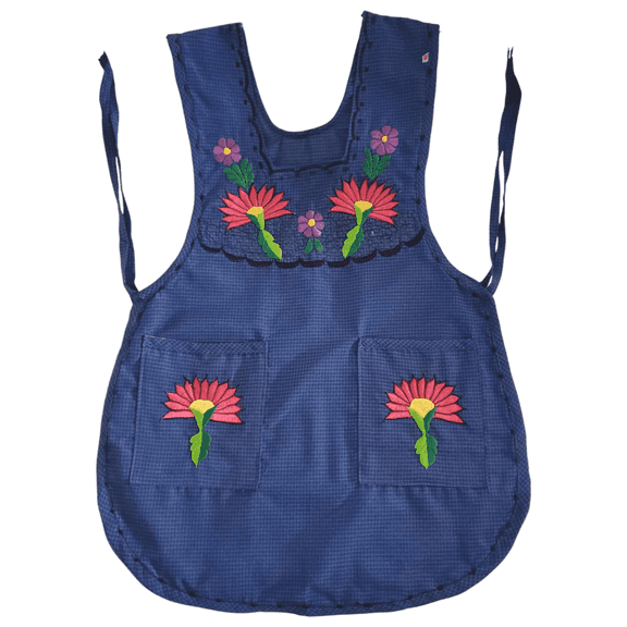 Authentic Traditional Mexican Apron for Women with Pockets and Beautiful Flower Embroidery - Mandiles para Mujer Mexicanos Mandil escapulario mandil Artesanal cobbler apron smocks - Blue