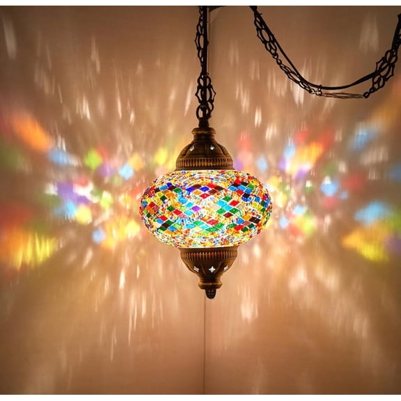 Authentic Turkish Mosaic Plug-in Swag Pendant Light Fixture, Large 6.5" Globe  Moroccan Hanging Ceiling Lamp - 15ft Cord & Chain, US/CA Plug, Exotic Mediterranean Decor, Handmade