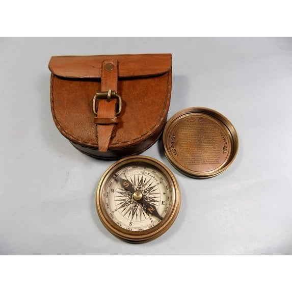 Authentic Vintage Style Brass Pocket Compass with Leather Case Rustic Vintage Home Decor Gifts