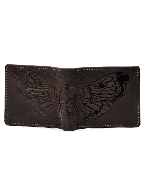 Authentical handcrafted leather wallet, bifold wallet with ID card slot, Minimalist genuine leather wallet, Deadhead Moth wallet, Insect pattern leather gifts