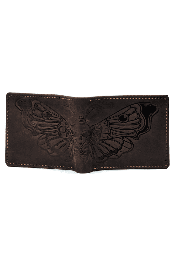 Authentical handcrafted leather wallet, bifold wallet with ID card slot, Minimalist genuine leather wallet, Deadhead Moth wallet, Insect pattern leather gifts