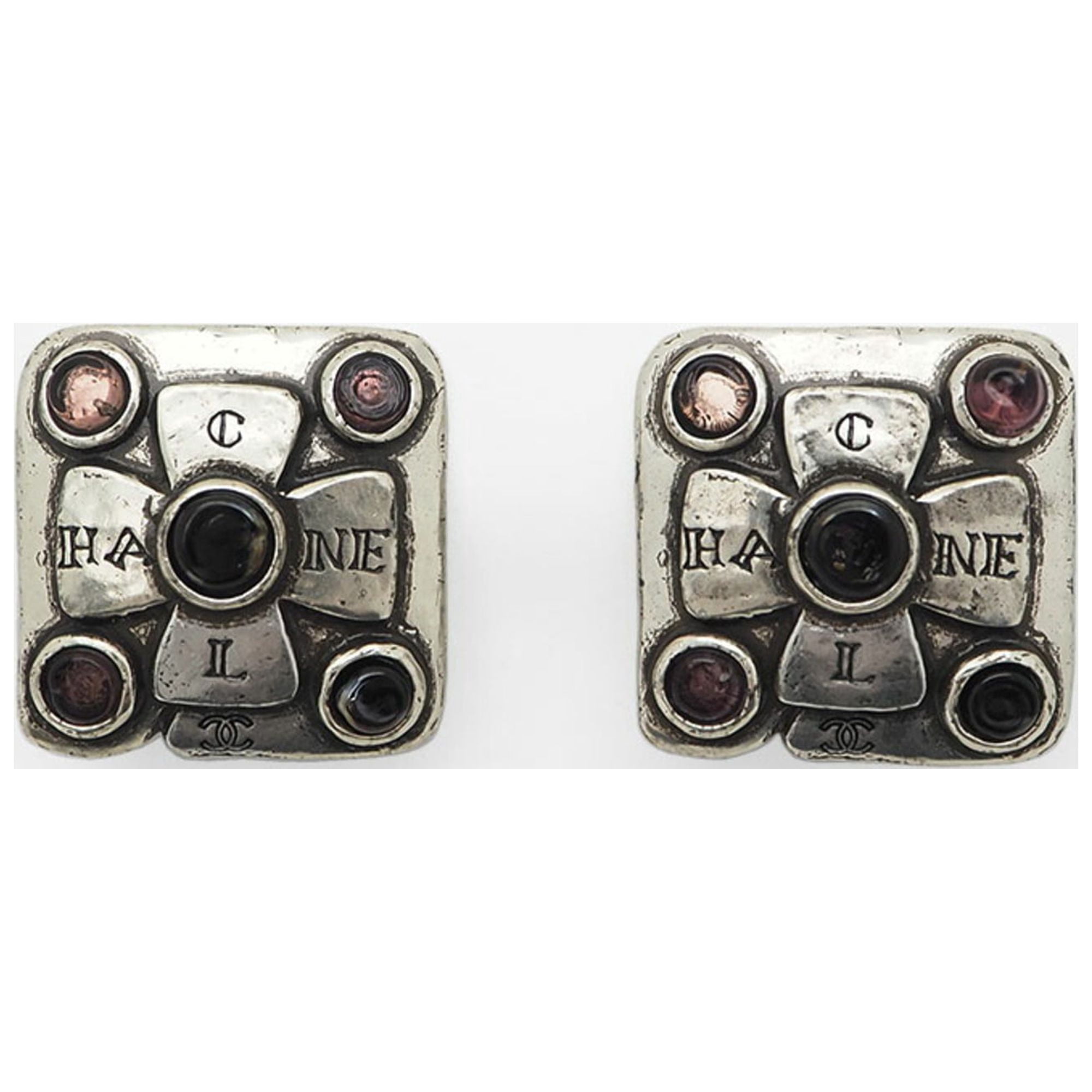 Authenticated Used CHANEL 99A Vintage Cambon Square Color Stone Earrings  Antique Silver Pink 