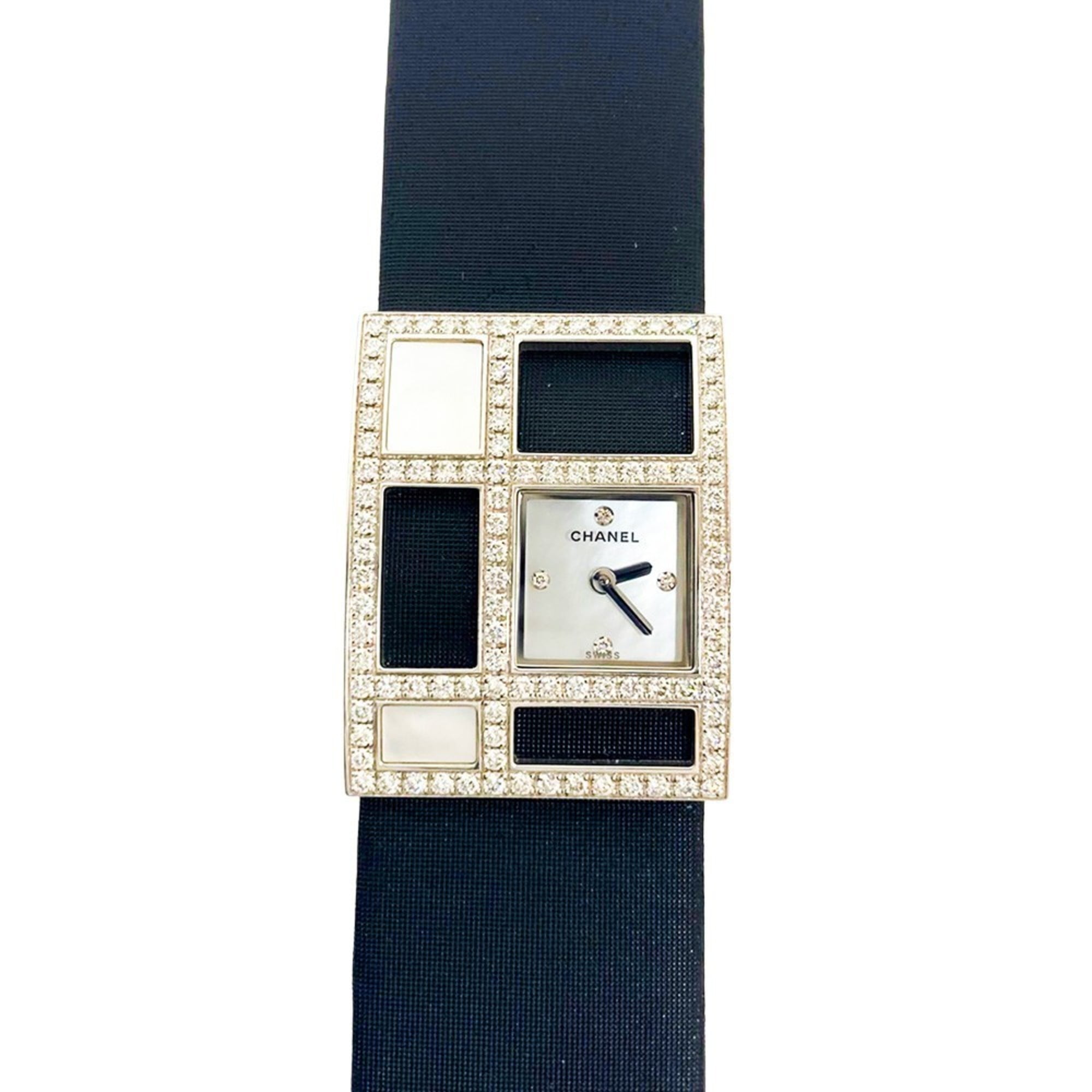 Authenticated Used CHANEL Chanel 1932 Art Deco Watch Clock K18 Diamond  Satin Belt Ladies White Black Shell H1185 Dress Dial Daily Life Waterproof  