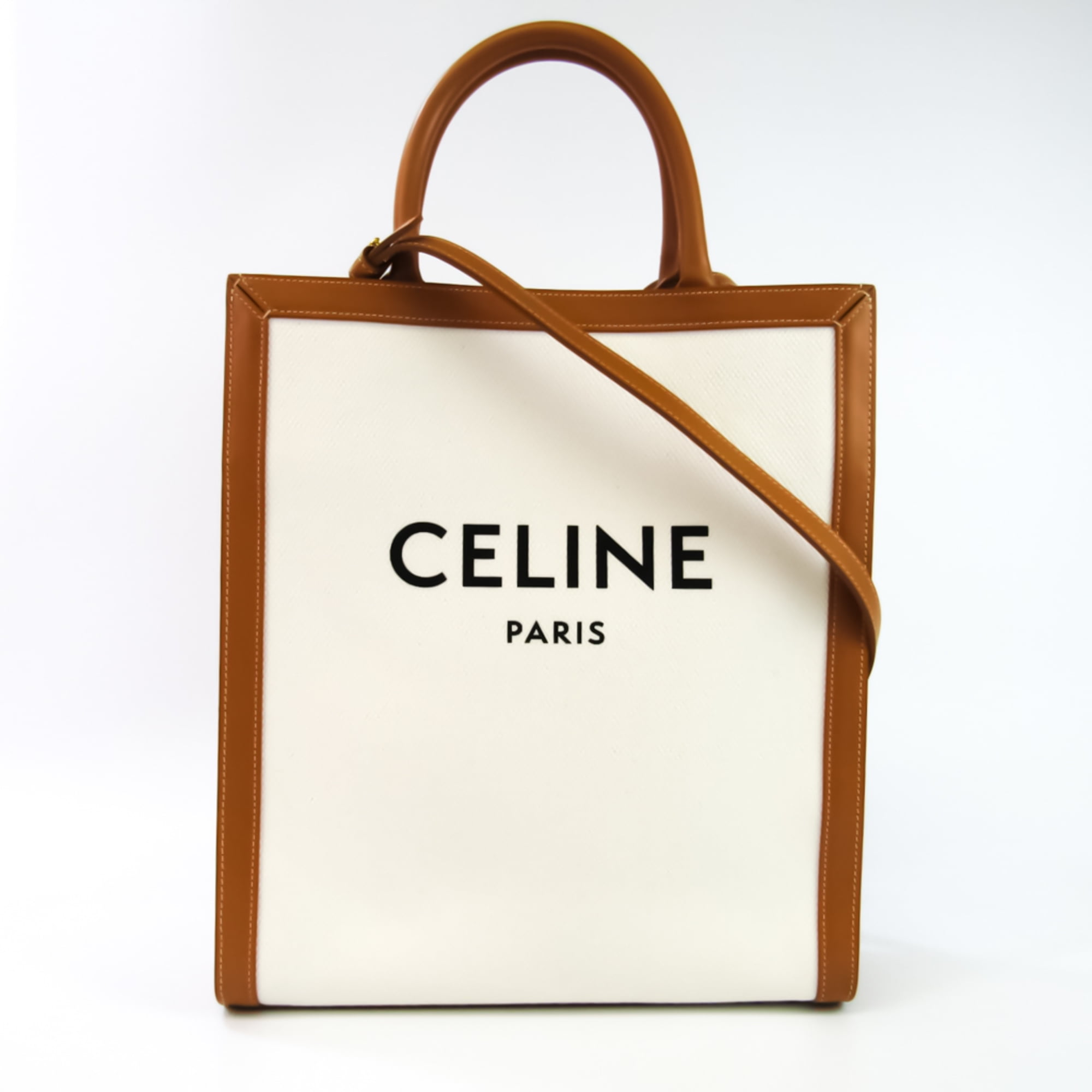 SMALL VERTICAL CABAS CELINE IN STRIPED TEXTILE WITH CELINE JACQUARD AND  CALFSKIN - TOBACCO / TAN