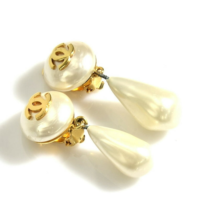 Chanel 22A Gold Pearl White Crystal XL Logo Large Dangle Drop Statement  Earrings