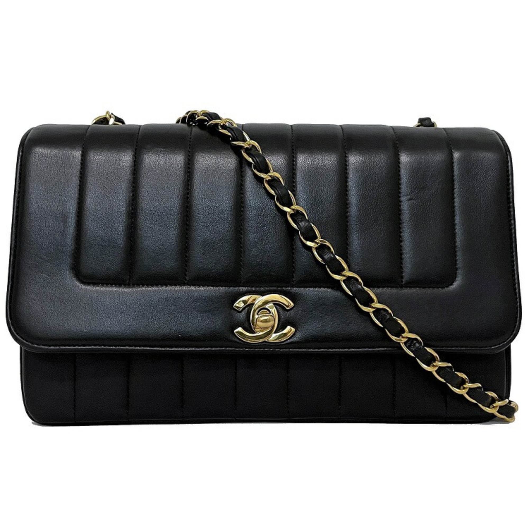 Authenticated Used Chanel Chain Shoulder Bag Black Mademoiselle Single Flap  Lambskin No Seal CHANEL Coco Mark Turn Lock Quilted Stripe Ladies