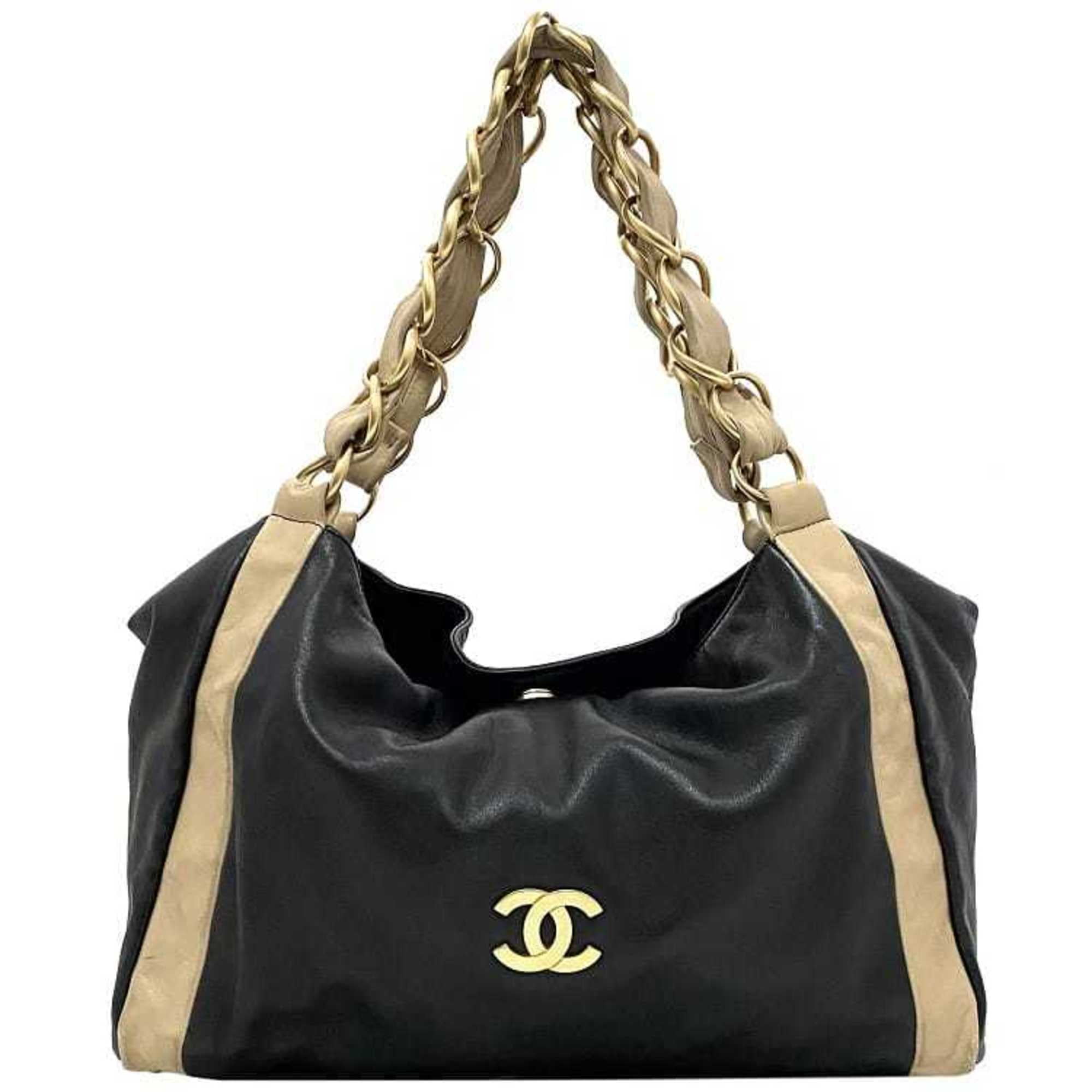Authenticated Used Chanel Chain Tote Bag Black Beige Gold