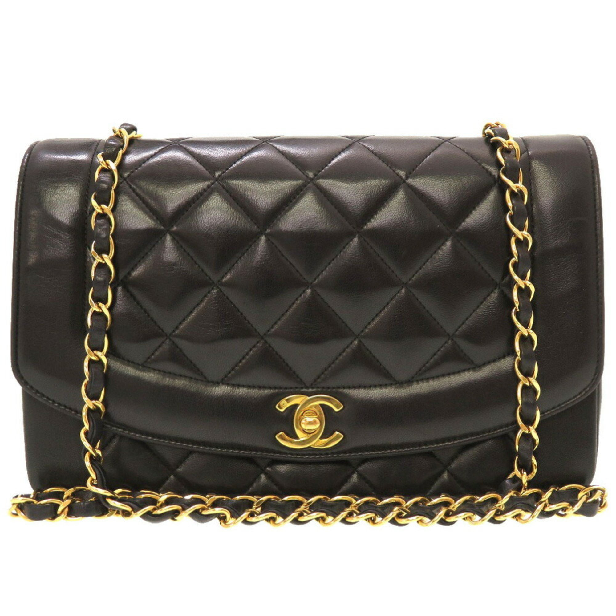 Authenticated Used Chanel Diana 25 Medium Matelasse Lambskin Black Gold  Chain Shoulder Bag No. 3 Coco Mark Turnlock 