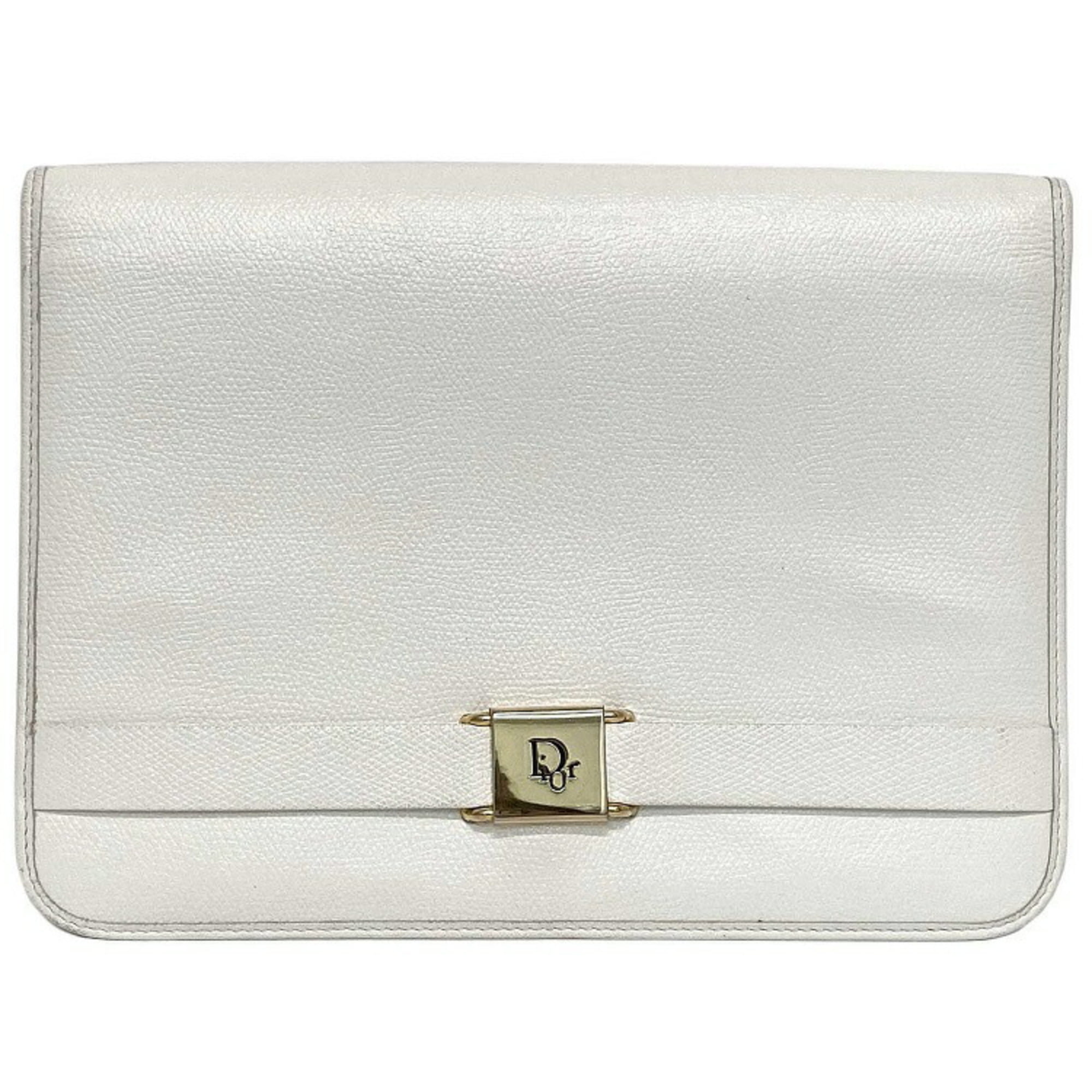 Authenticated used Christian Dior Clutch Bag White Gold Flap Leather Plate Ladies, Adult Unisex, Size: (HxWxD): 17.5cm x 24cm x 2.5cm / 6.88'' x 9.44