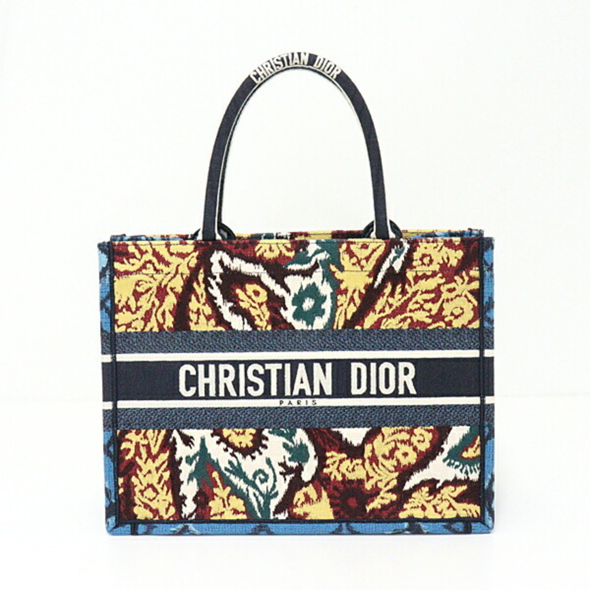 Authenticated Used Christian Dior Dior DIOR Book Tote Medium Blue/Red/Green/Multicolor  Jacquard Woven Embroidered Botanical Style CHRISTIAN 