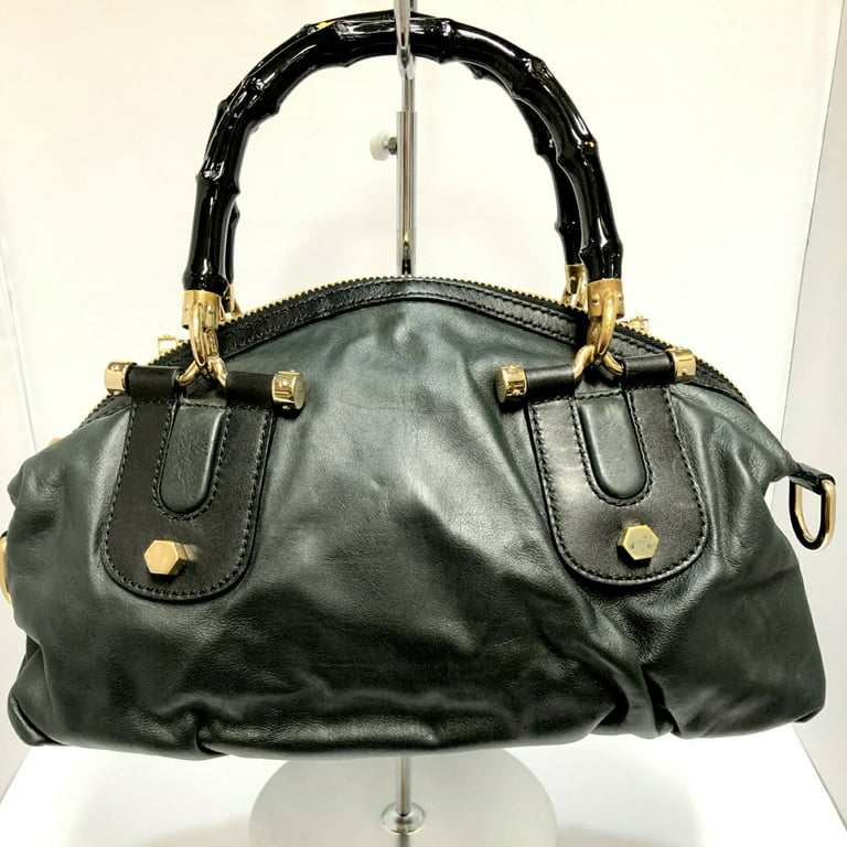 Authenticated Used GUCCI Gucci Handbag 189869 Bamboo Leather Black Women's  Dark Green Made in Italy Gold Metal Fittings 