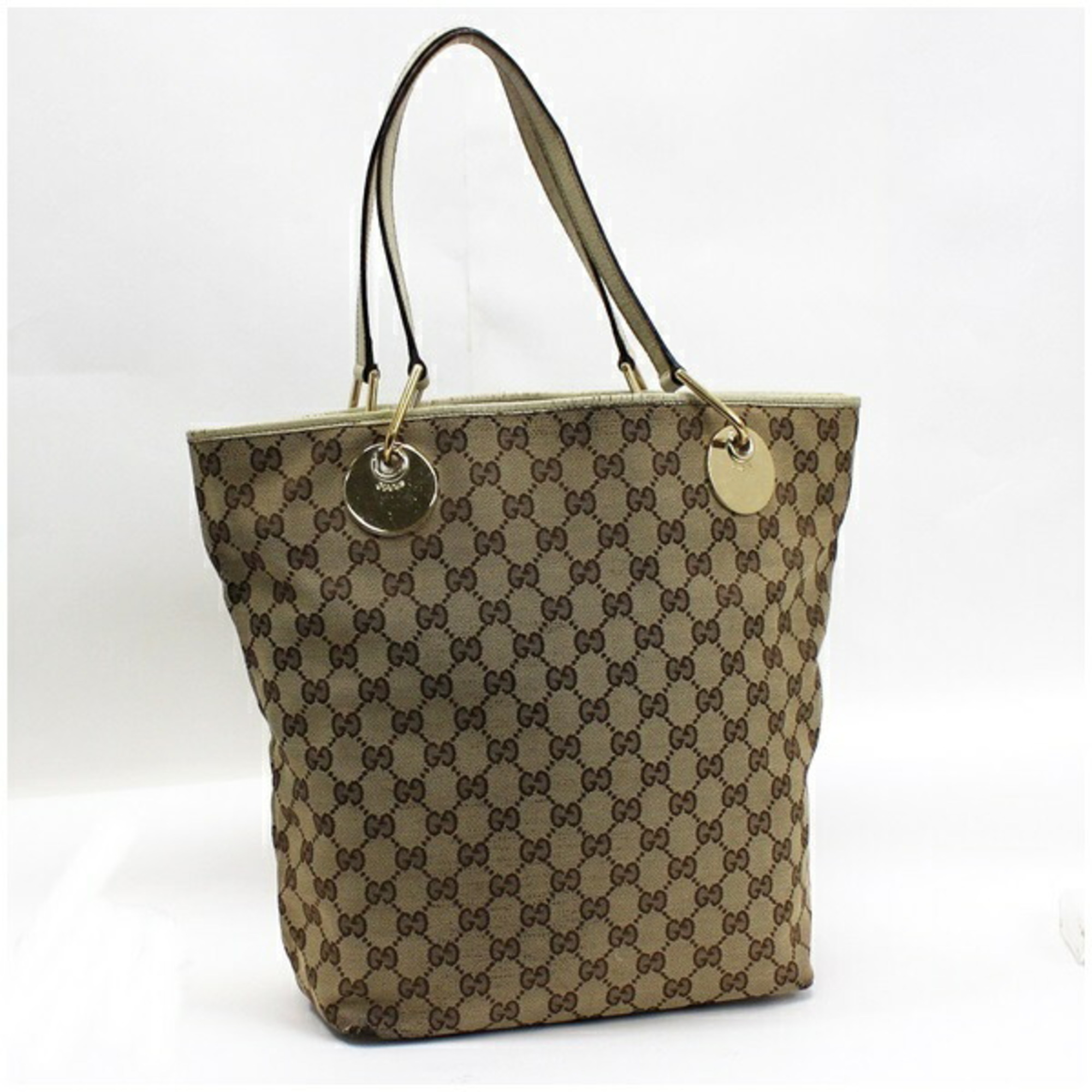 Authenticated Used Gucci GG Canvas Tote Bag Shoulder x Leather Beige