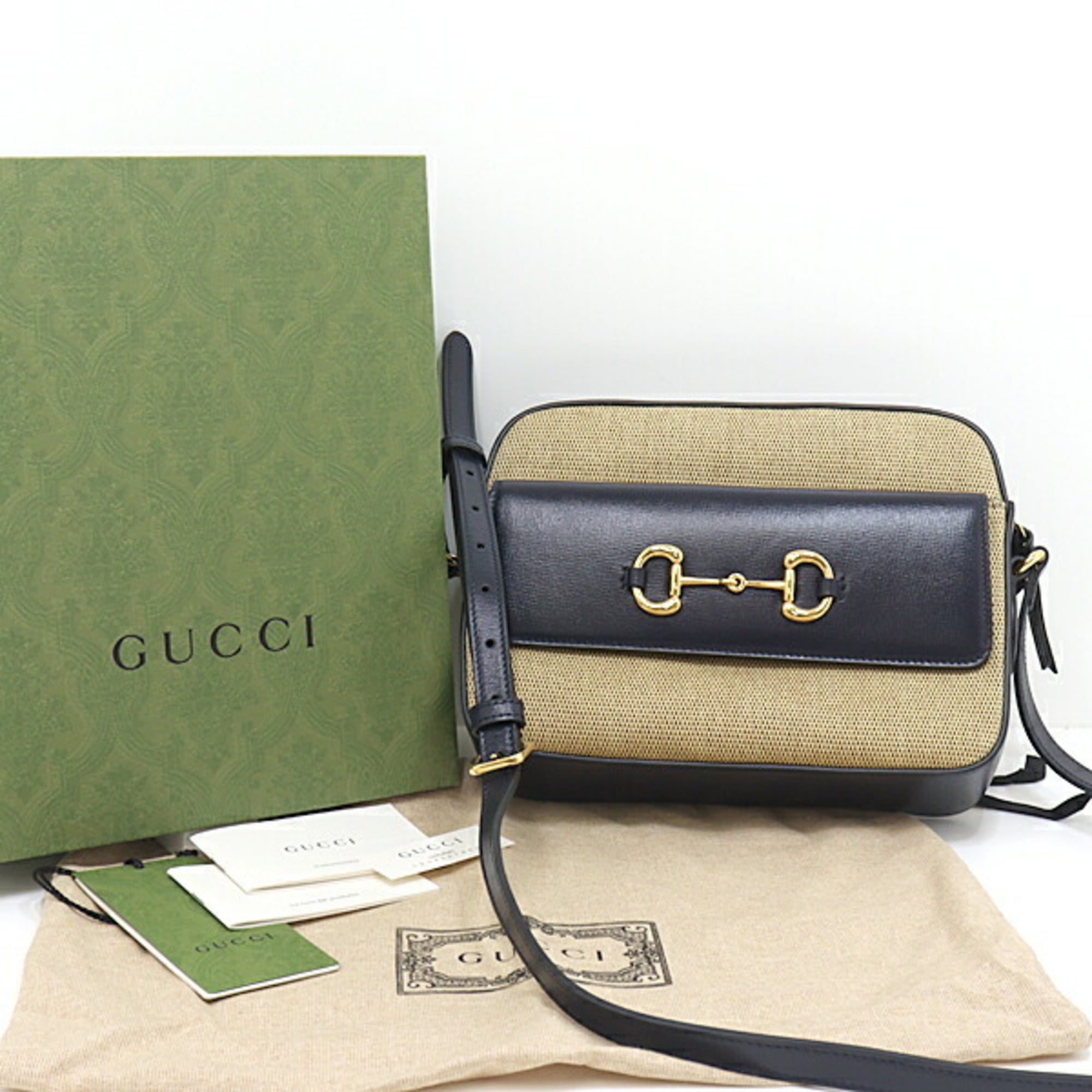 Authenticated Used Gucci Horsebit 1955 Shoulder Bag Navy Beige 645454 