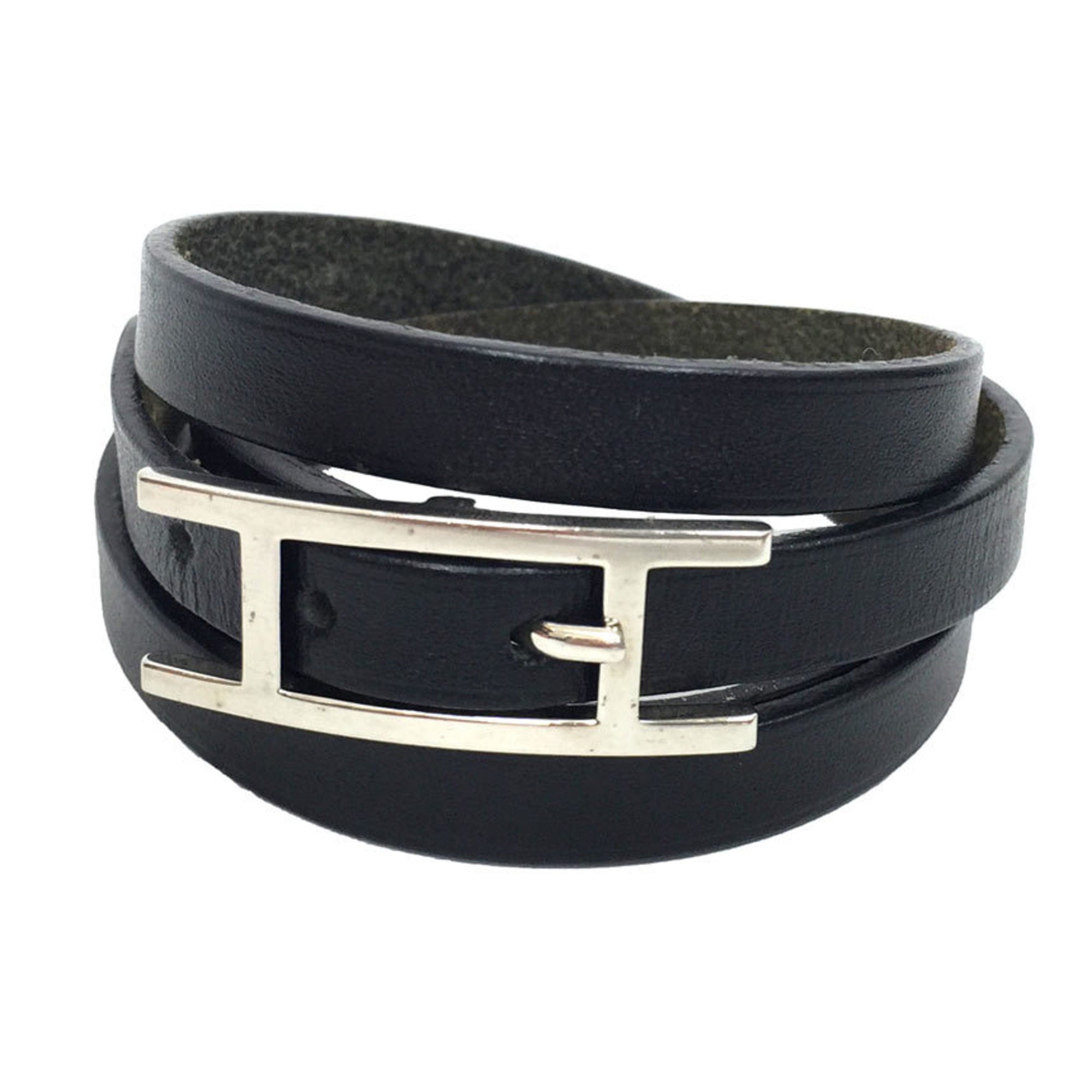 Hermes Black Leather Palladium Plated Mini Dog Bracelet Size T2 - Yoogi's  Closet