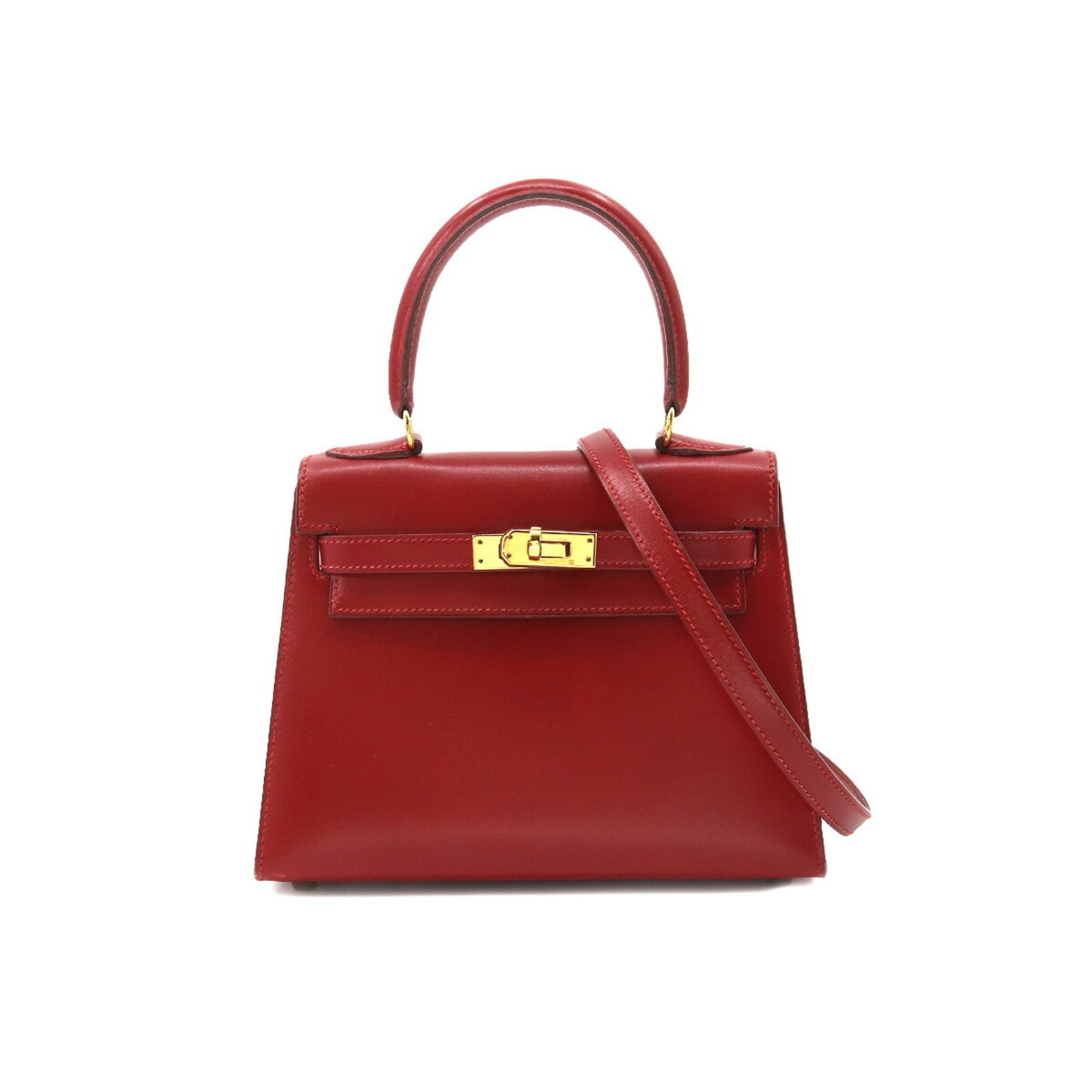 Hermes 20cm Rouge Vif Calf Box Leather Mini Kelly Bag with Gold