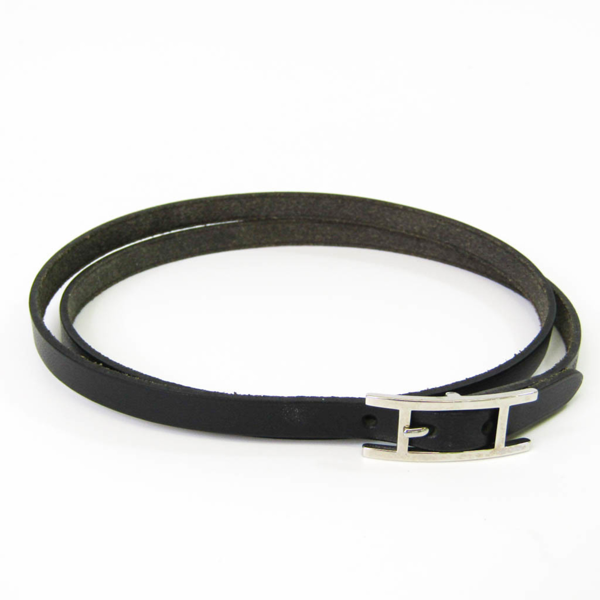 Authentic Hermes Hapi Choker Leather,Metal Bangle Black,Silver