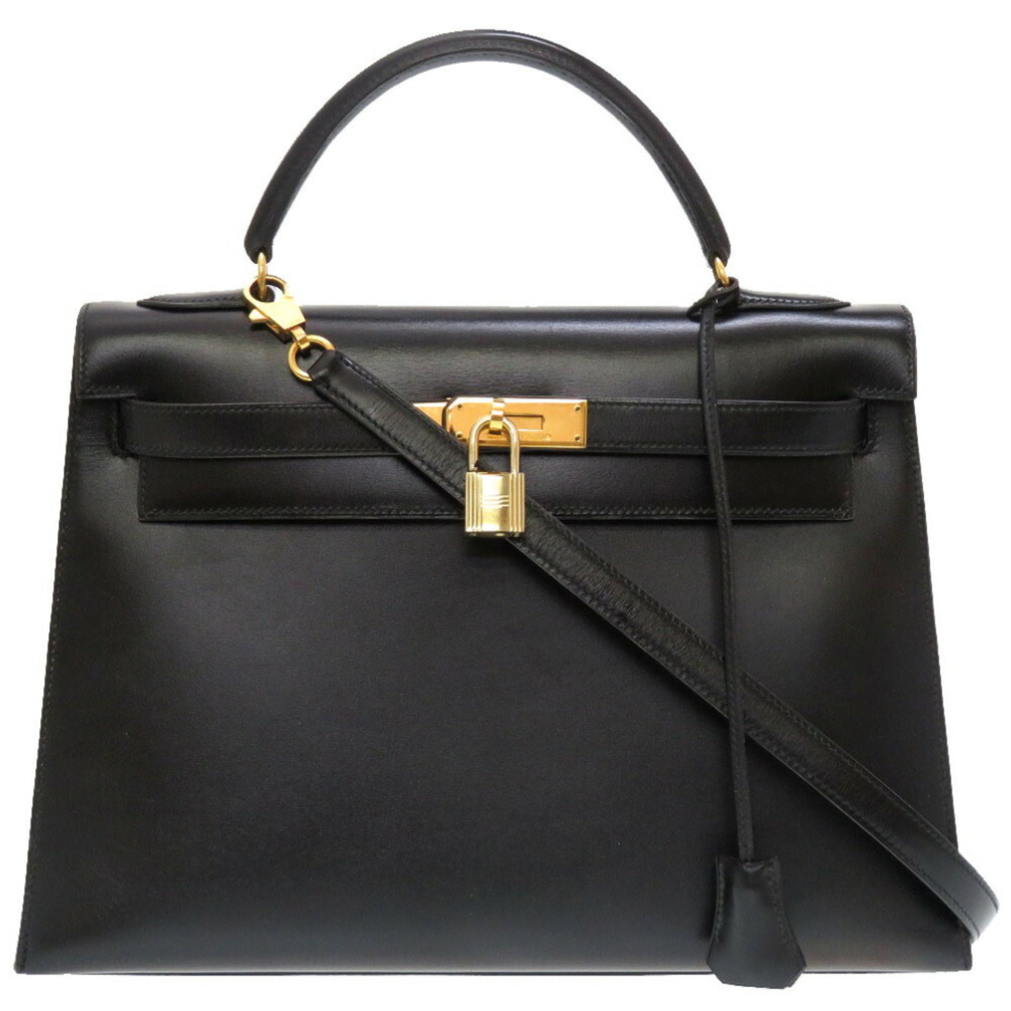 Authenticated Used Hermes Kelly 32 Outer Stitched Box Calf Black 〇V  Engraved Handbag 