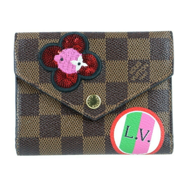 Authenticated Used LOUIS VUITTON Louis Vuitton Portefeuille Victorine  Trifold Wallet N60149 Damier Canvas Sequin Brown Patches Embroidery Flower  