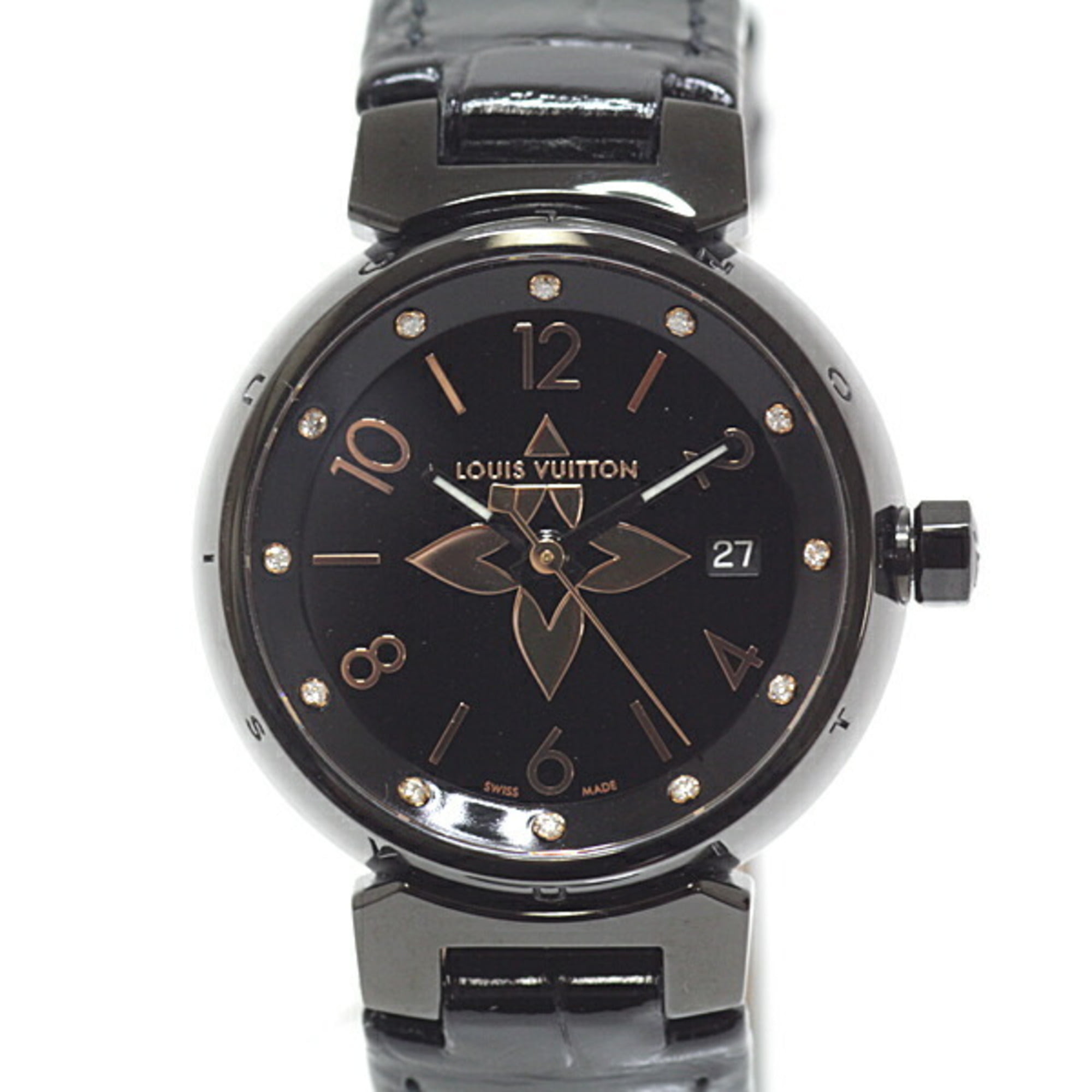 Authenticated used Louis Vuitton Women's Watch Tambour All Black Qa047z (Black) Dial Quartz, Adult Unisex, Size: Case Diameter: 28mm / 1.1'', Case