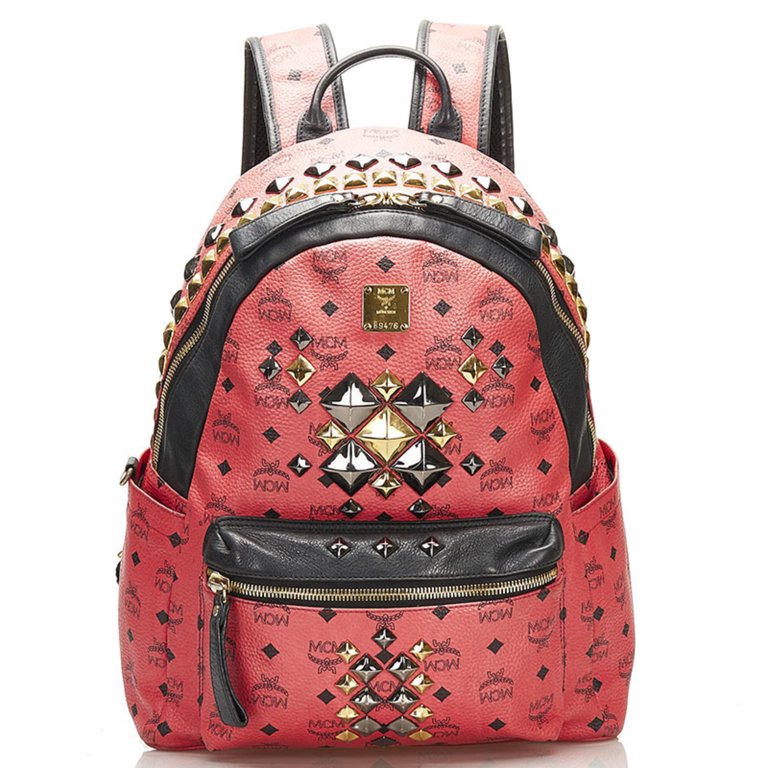 red mcm backpack