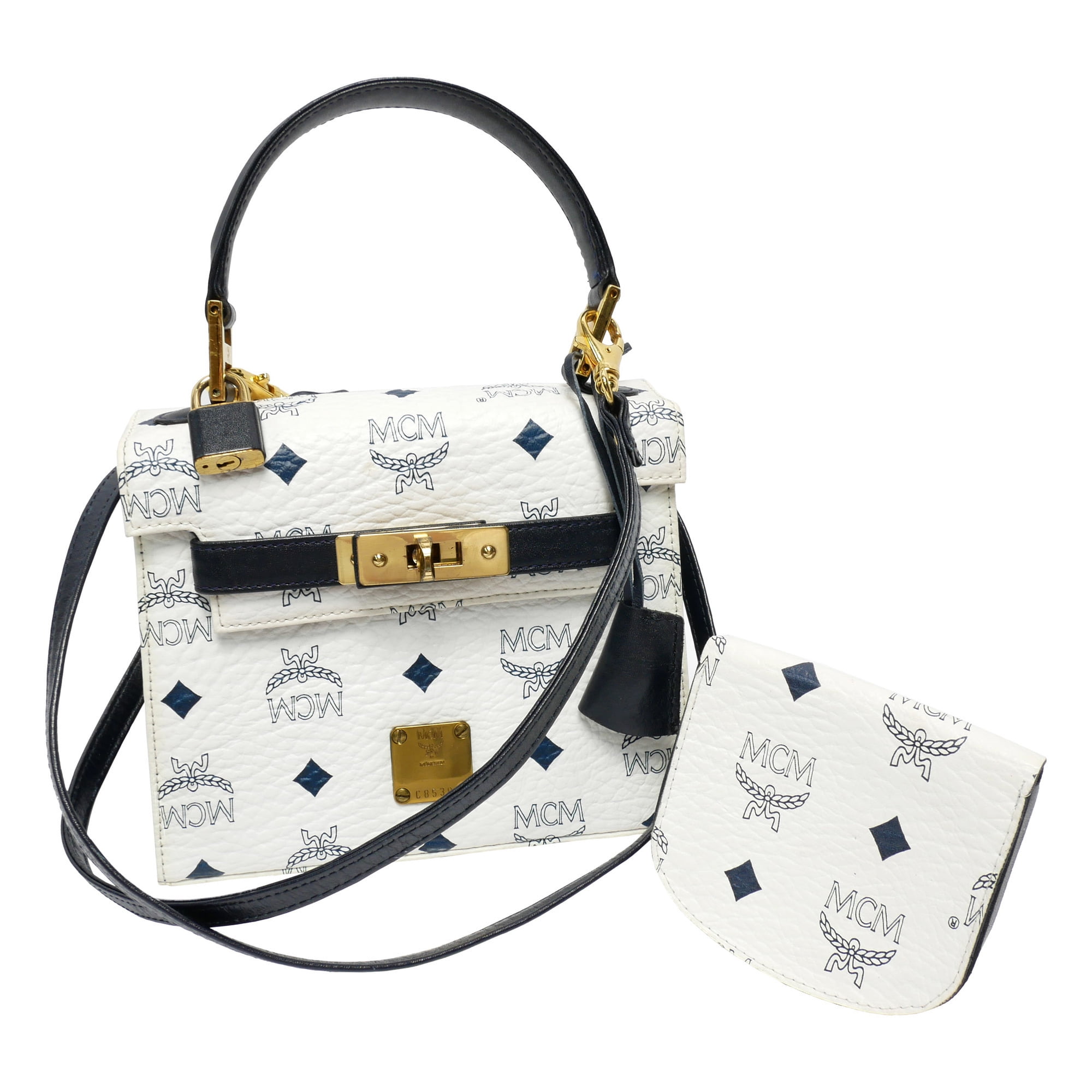 Authenticated Used MCM handbag shoulder bag 2way crossbody ladies'  trapezoid brand logo Visetos pattern with coin case / leather gold metal  fittings white navy 