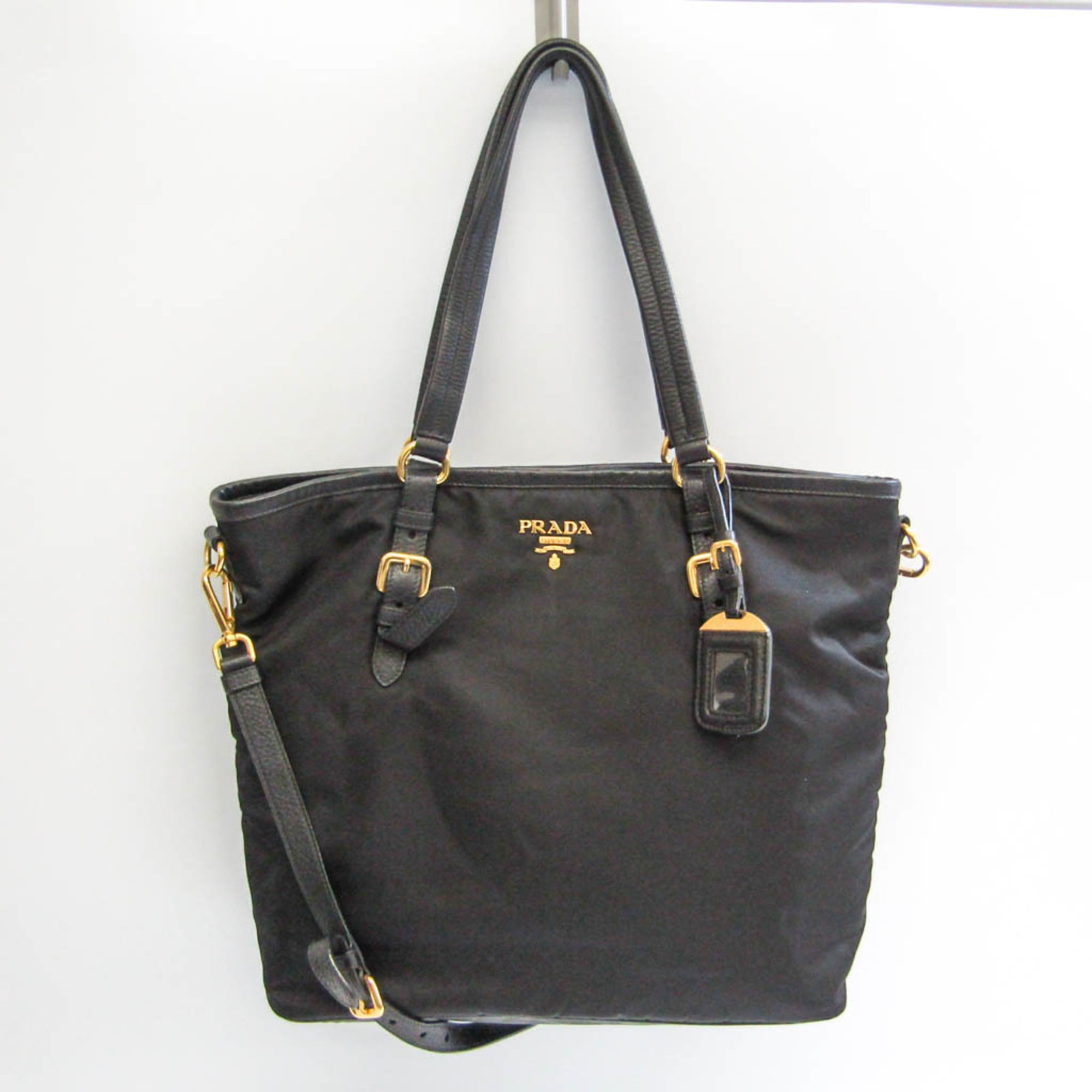 Authenticated used Prada Women's Leather,Nylon Shoulder Bag,Tote Bag Black, Adult Unisex, Size: (HxWxD): 32cm x 33cm x 12.5cm / 12.59'' x 12.99'' x