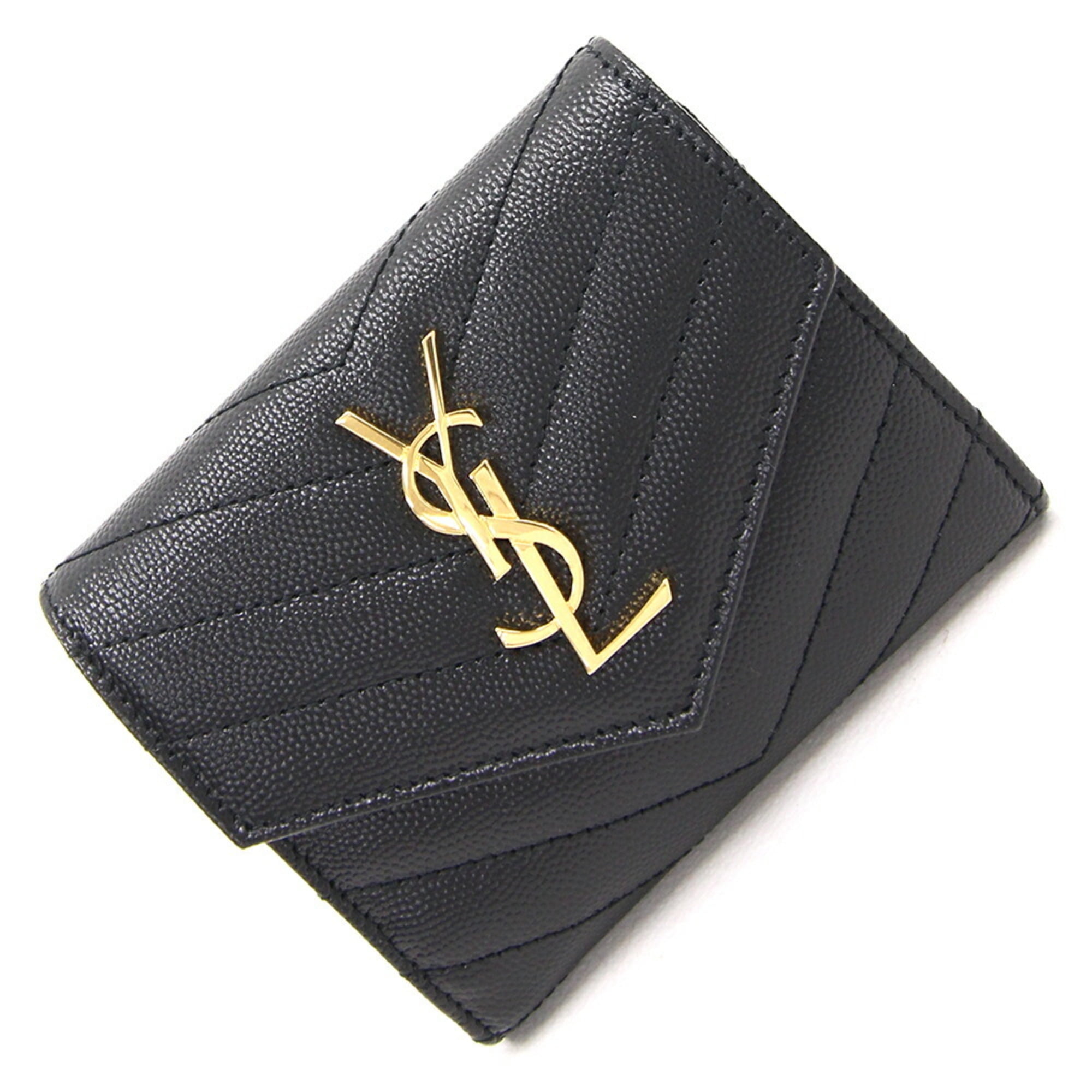 Auth Saint Laurent Tri-Fold Mini Wallet YSL Navy Gold Leather Itary Unisex