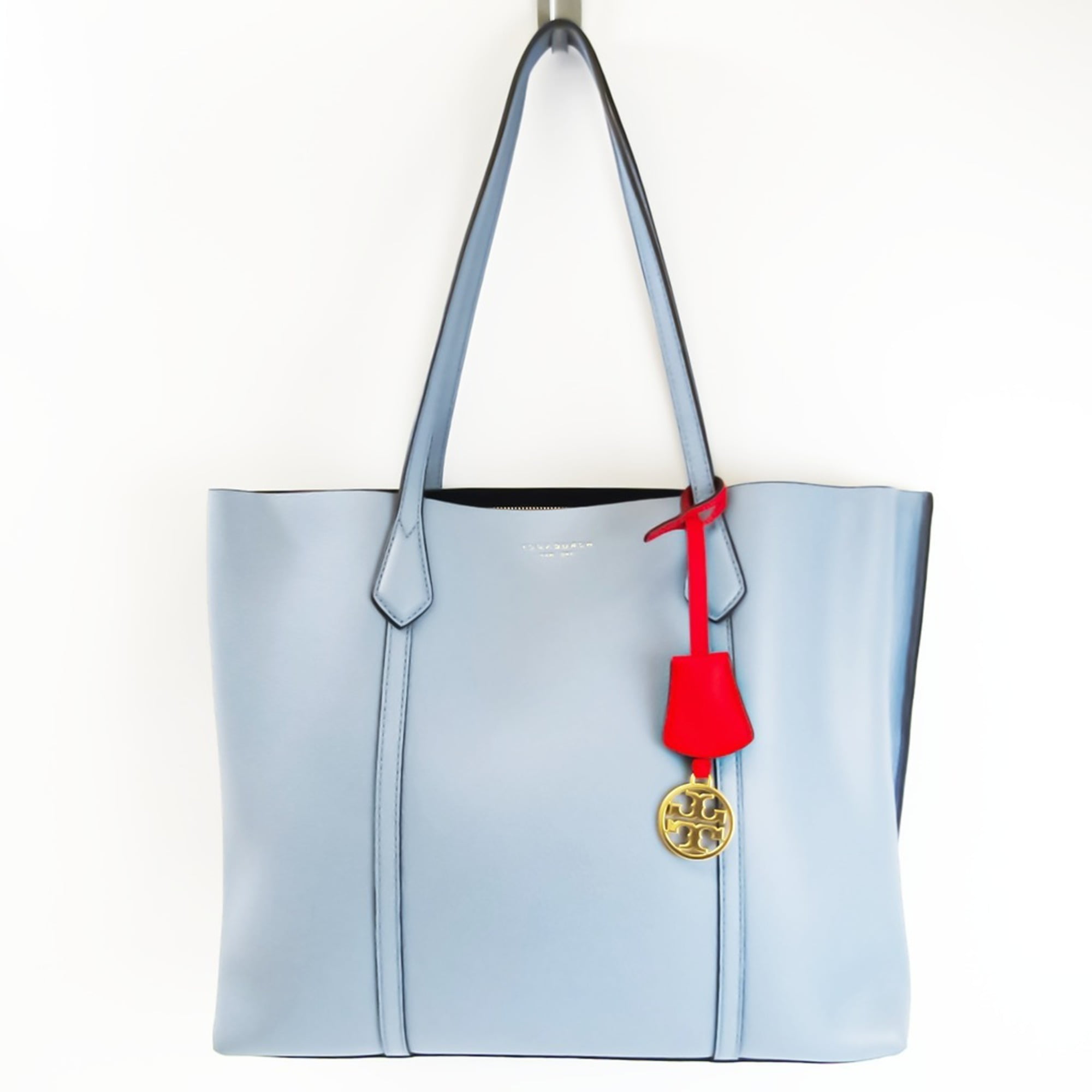 Authenticated Used Tory Burch Perry Triple Women's Leather Tote Bag Light  Blue Gray