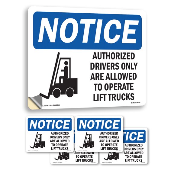 Authorized Drivers Only Operate Lift Trucks OSHA Notice Vinyl Decal Label 5 Inch x 3.5 Inch - 5 Pack