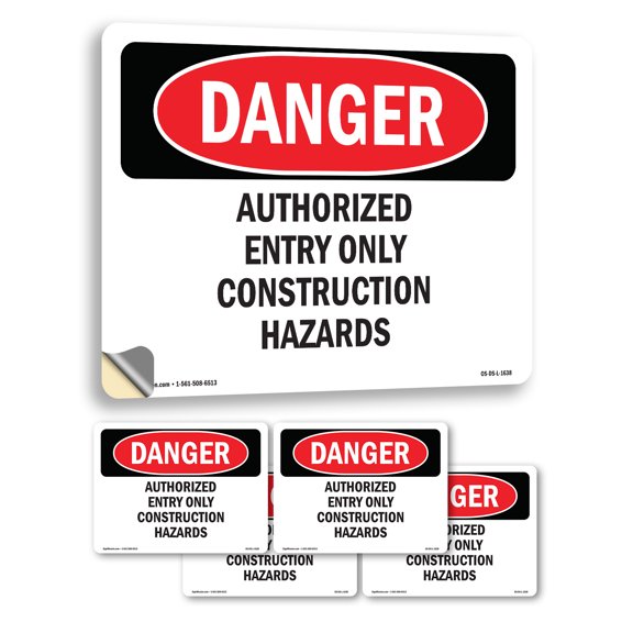 Authorized Entry Only Construction Hazards OSHA Danger Vinyl Decal Label 5 Inch x 3.5 Inch - 5 Pack