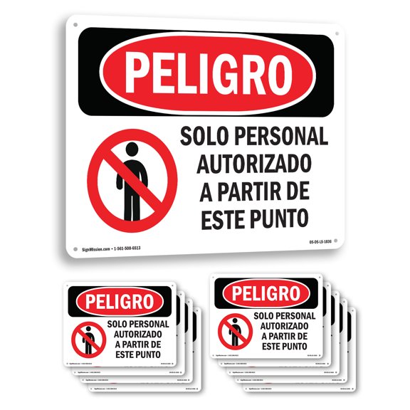 Authorized Personnel Only Spanish OSHA Danger Aluminum Sign 14 Inch x 10 Inch - 10 Pack