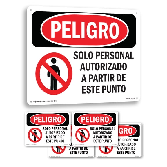 Authorized Personnel Only Spanish OSHA Danger Rigid Plastic Sign 18 Inch x 12 Inch - 5 Pack
