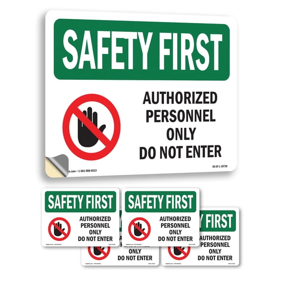 Authorized Personnel With Symbol OSHA SAFETY FIRST Vinyl Decal Label 18 Inch x 12 Inch - 5 Pack