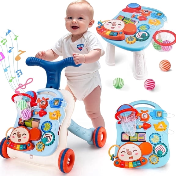 AuntyFey 3-IN-1 Baby Walker with Wheels & Accessories, Adjustable Speed & Anti-Rollover Baby Walking Toy for 1 Year old Learning to Walk, Sit to Stand Push Walker for Boys Girls, Blue