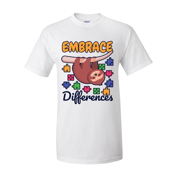 Autisim Awareness Sloth Embrace Differences Unisex Adult Short Sleeve T-shirt-White-small
