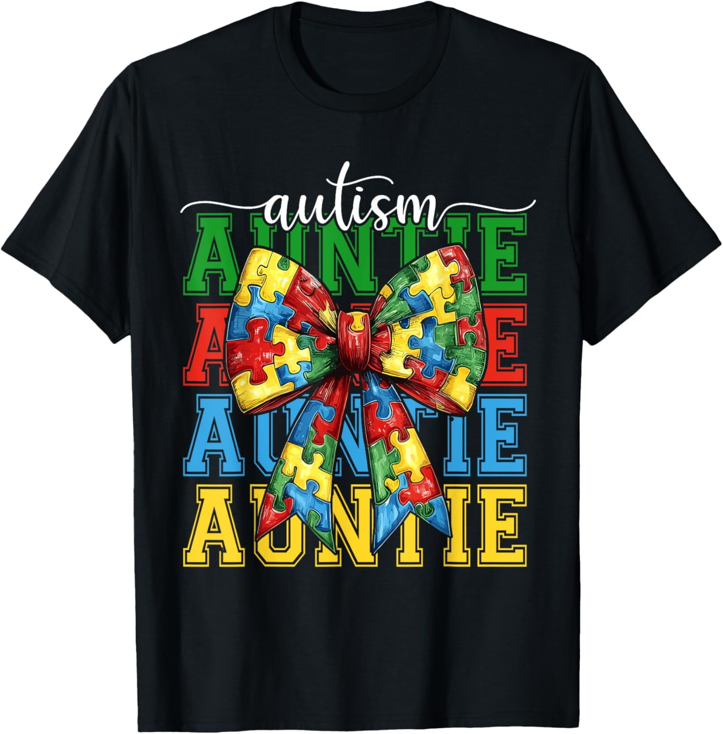 Autism Auntie Puzzle Coquette Bow Autism Awareness Aunt Shirt BLACK Unisex S-5XL