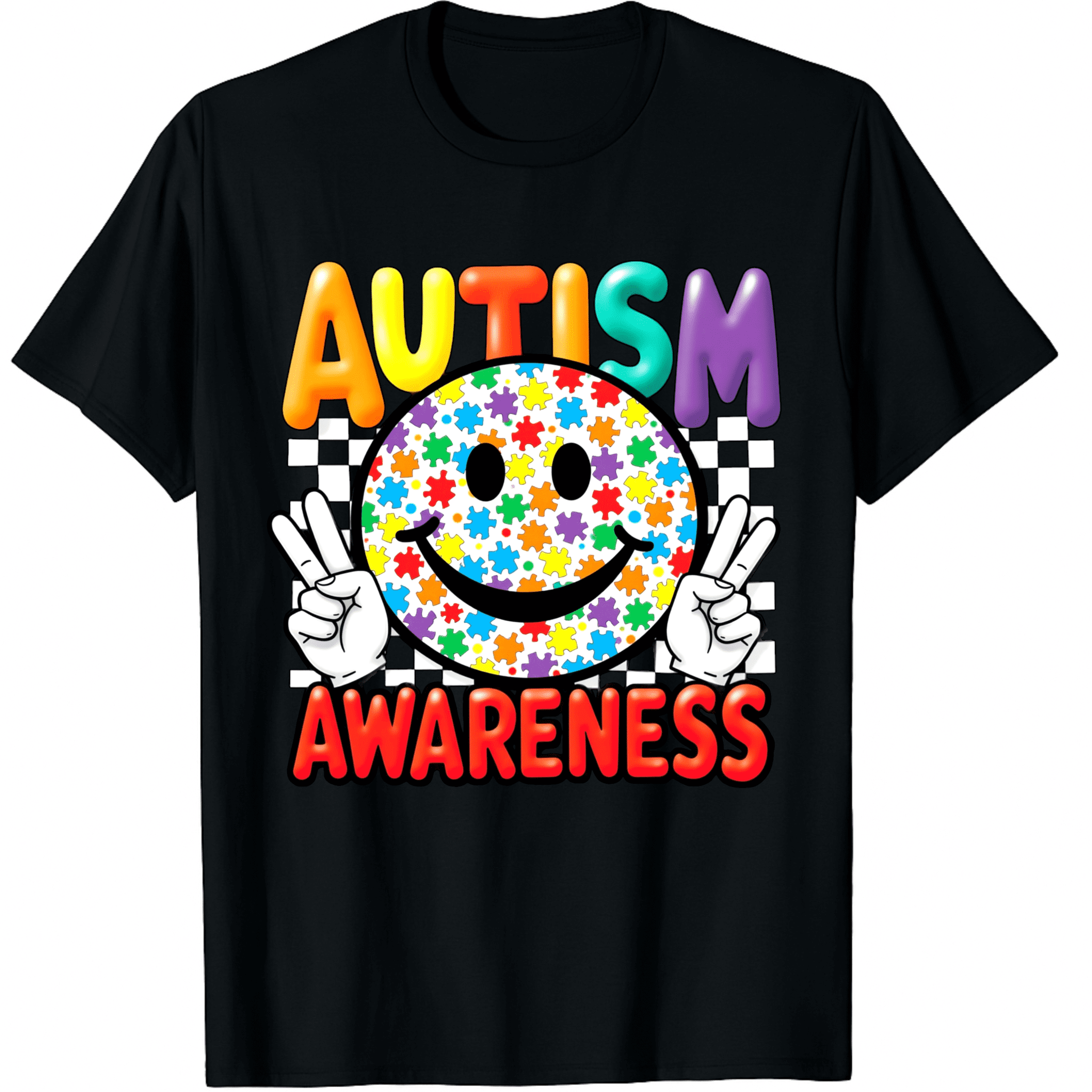 Autism Awareness 3D Bubble Letter Puzzle Smile Peace Graphic Short ...