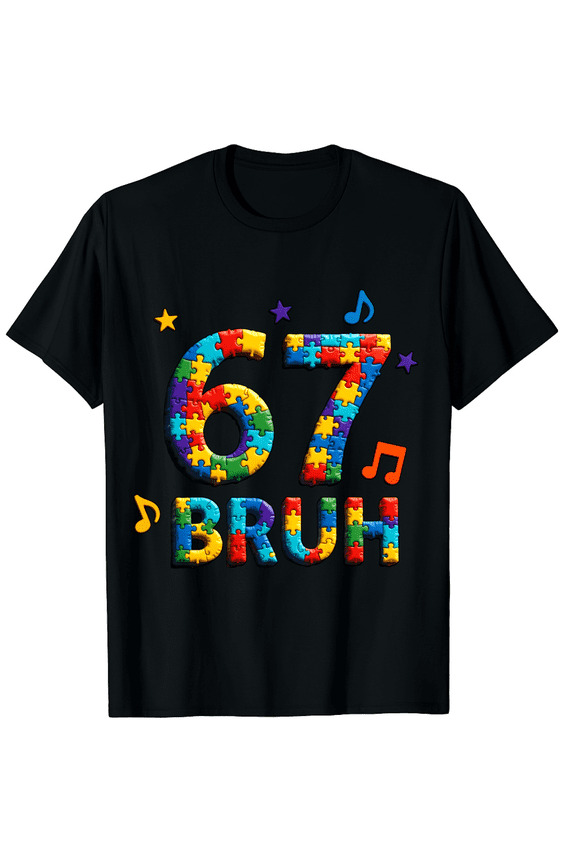Autism Awareness 67 Bruh Music Note Star Puzzle Texture Graphic Short Sleeve T-Shirt for Women Men Fun Trendy Streetwear Top
