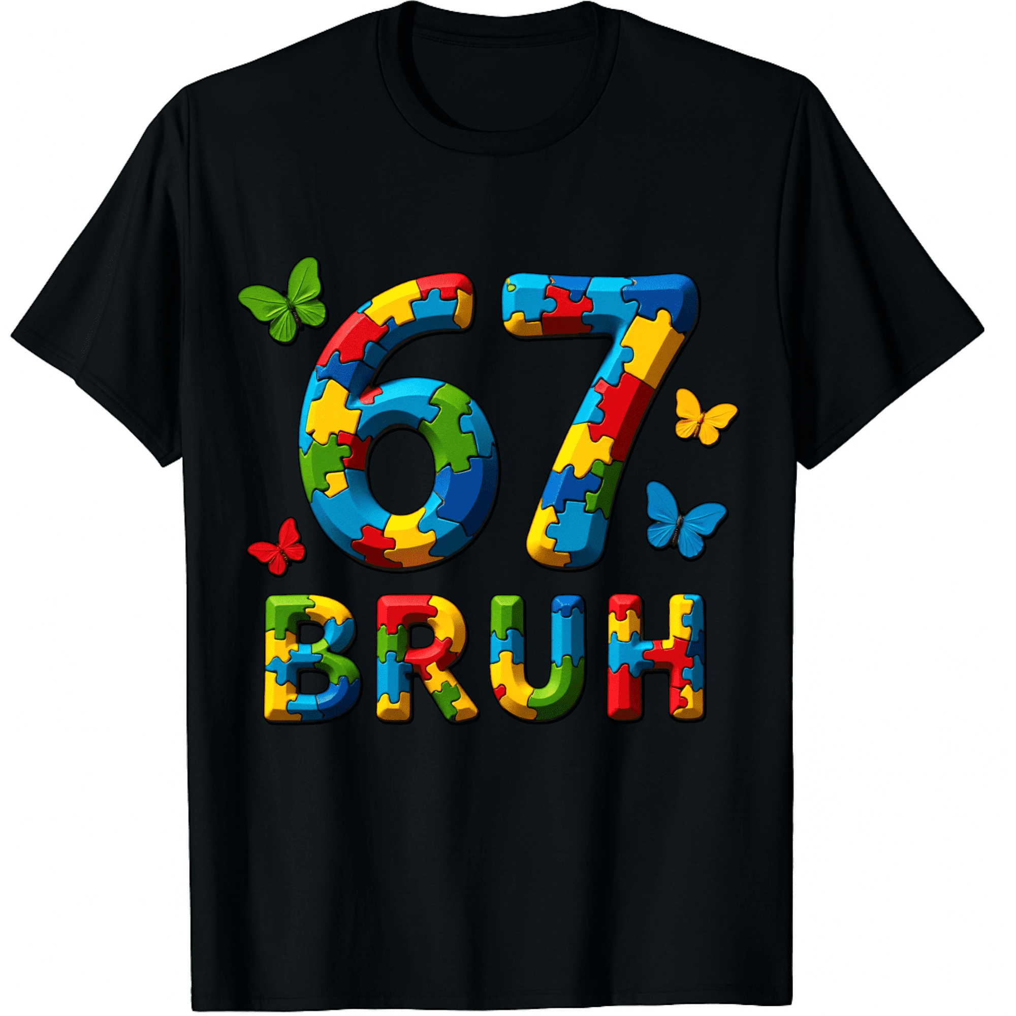 Autism Awareness 67 Bruh Puzzle Piece Pattern Butterfly Colorful Short ...