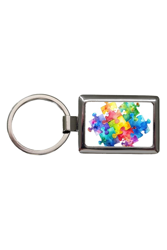 Autism Awareness Acceptance Puzzle Pieces Watercolor Metal Rectangle Keychain
