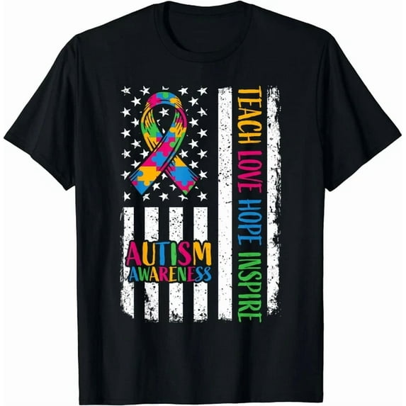 Autism Awareness American Flag Ribbon Theme Unisex S-5XL T-Shirt ...