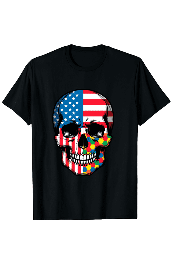 Autism Awareness American Flag Skull Puzzle Pattern USA Patriot Short Sleeve T-Shirt for Women Men Patriotic Supporter