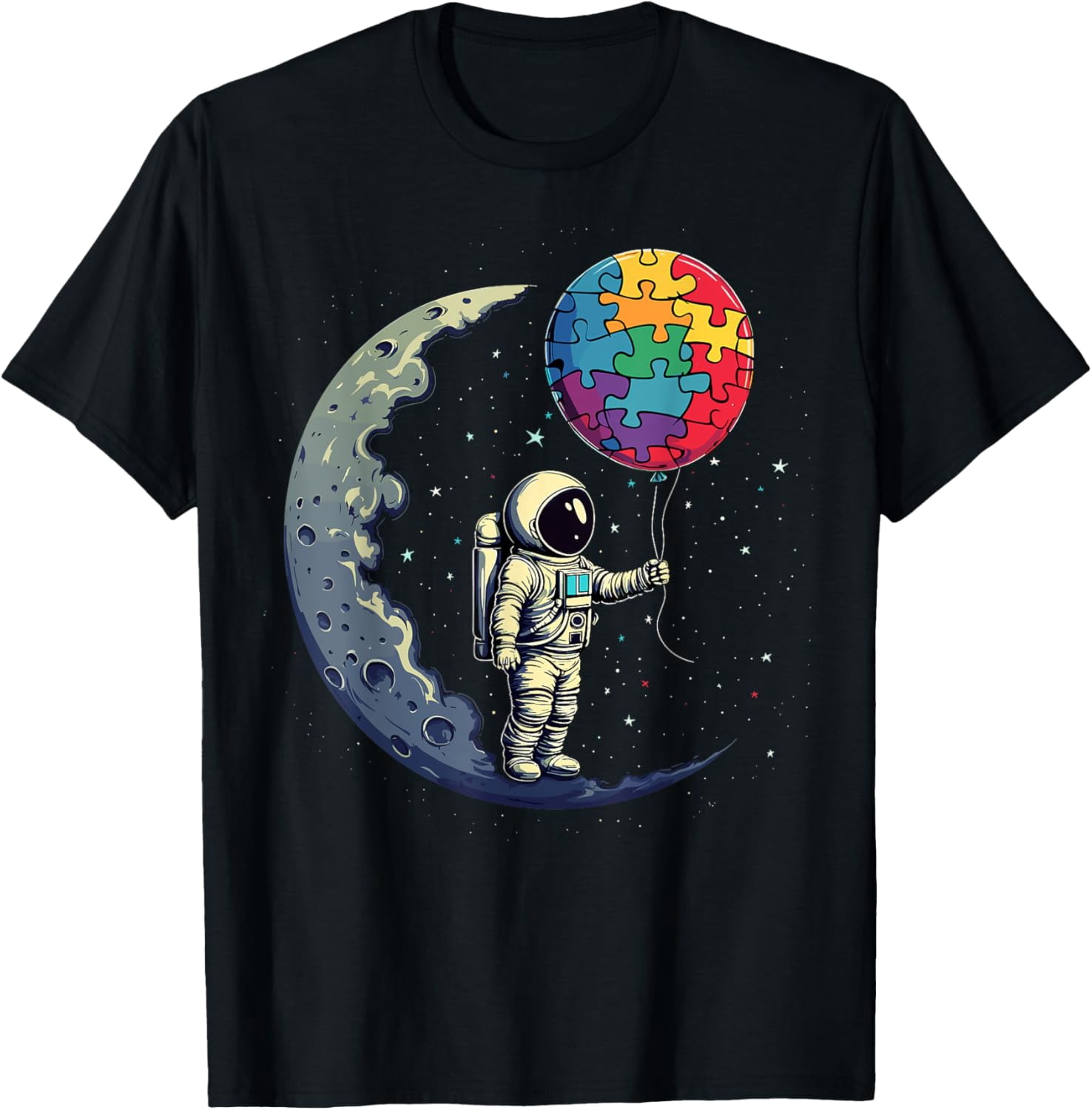Autism Awareness Astronaut With Puzzle Balloon Space Shirt BLACK Unisex S-5XL