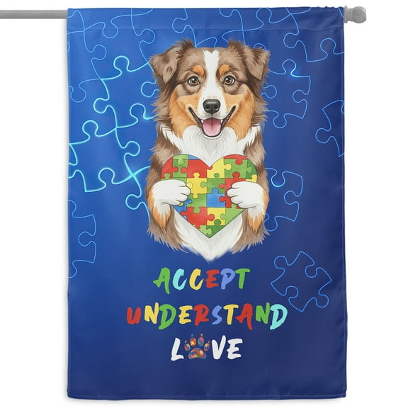 Autism Awareness Australian Shepherd Accept Understand Love House Flag 28x40in Double Sided Aussie Dog Lover Gifts Outdoor Decor - 12003